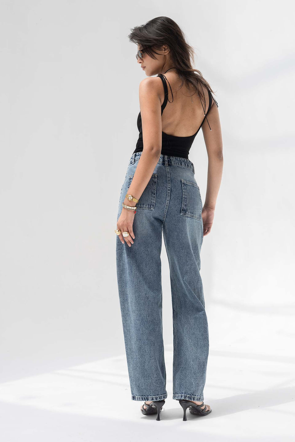 Stone Blue Panelled High-Rise Straight-Leg Jeans