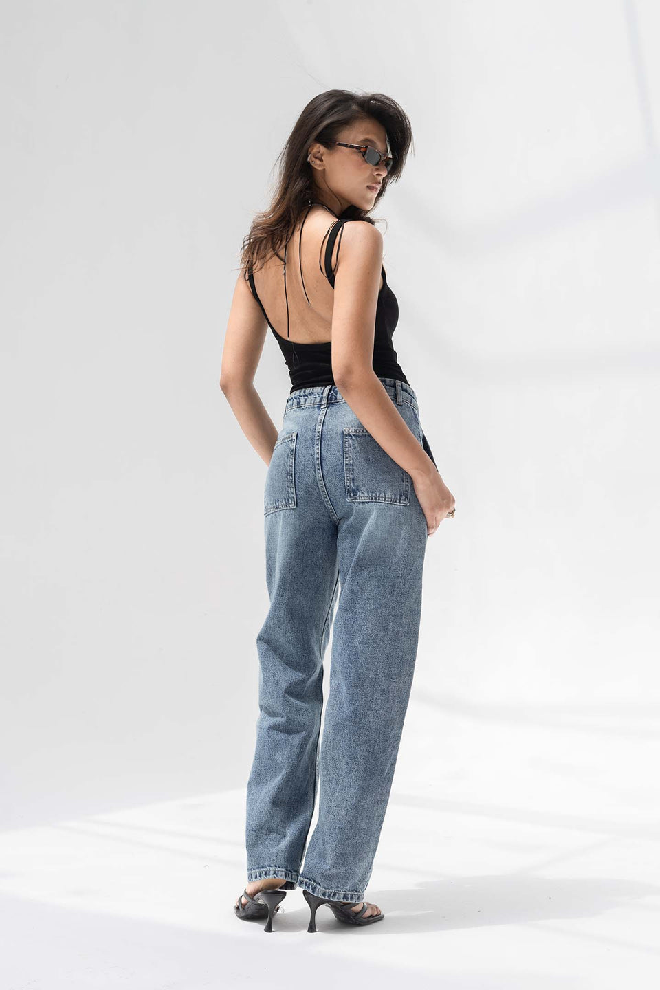 Stone Blue Panelled High-Rise Straight-Leg Jeans