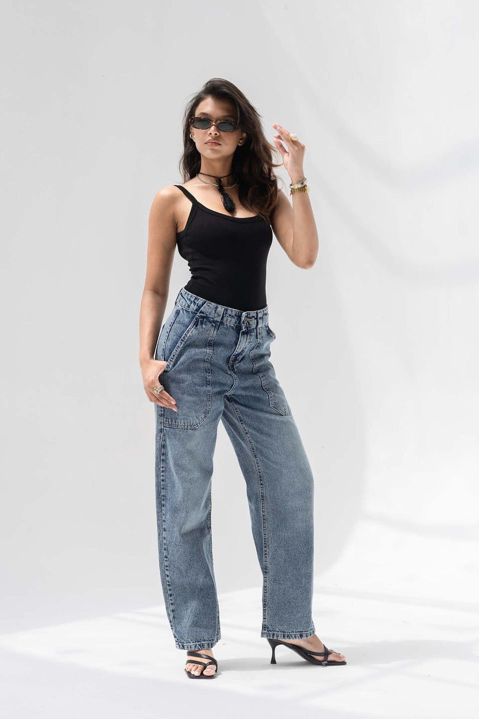 Stone Blue Panelled High-Rise Straight-Leg Jeans
