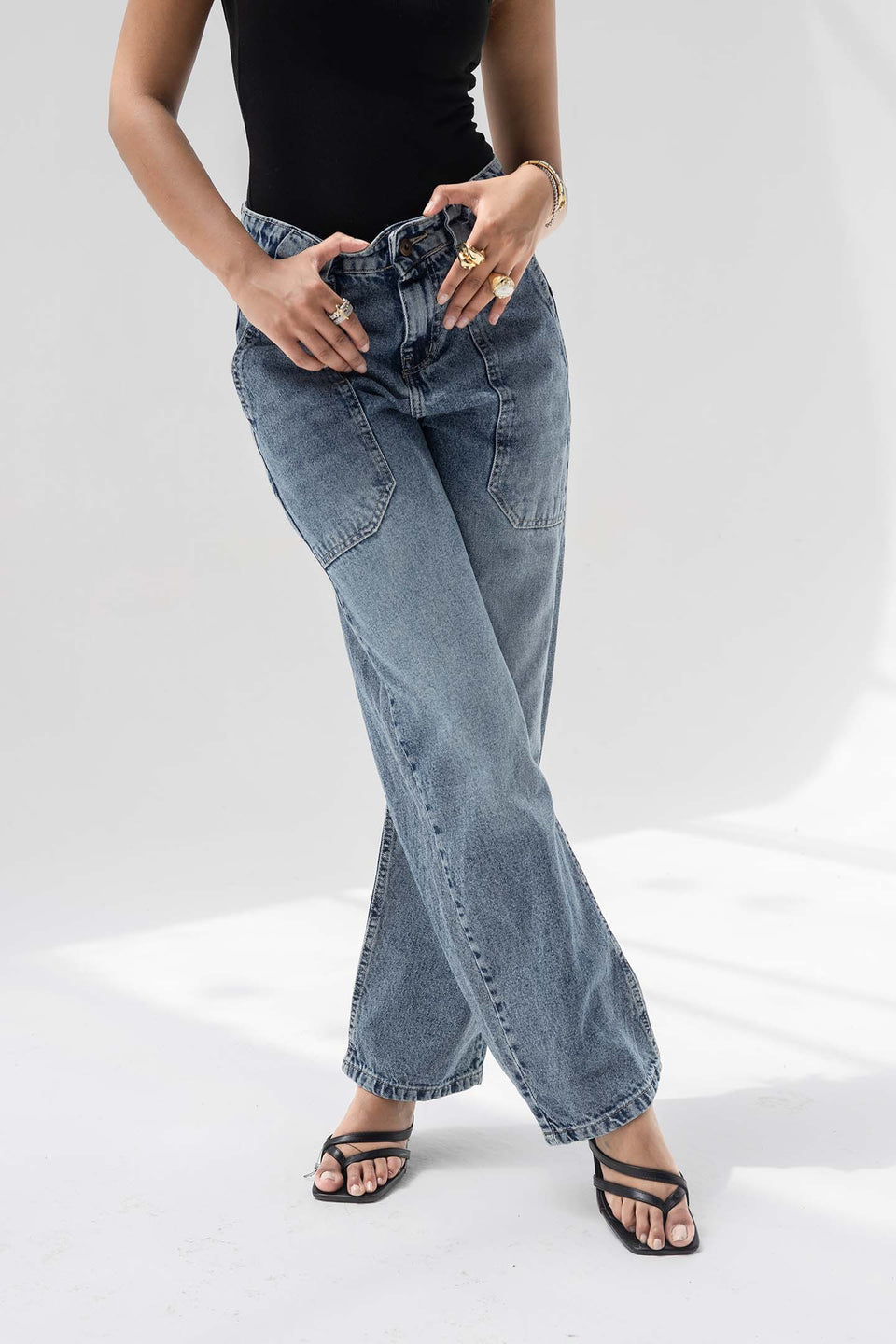 Stone Blue Panelled High-Rise Straight-Leg Jeans