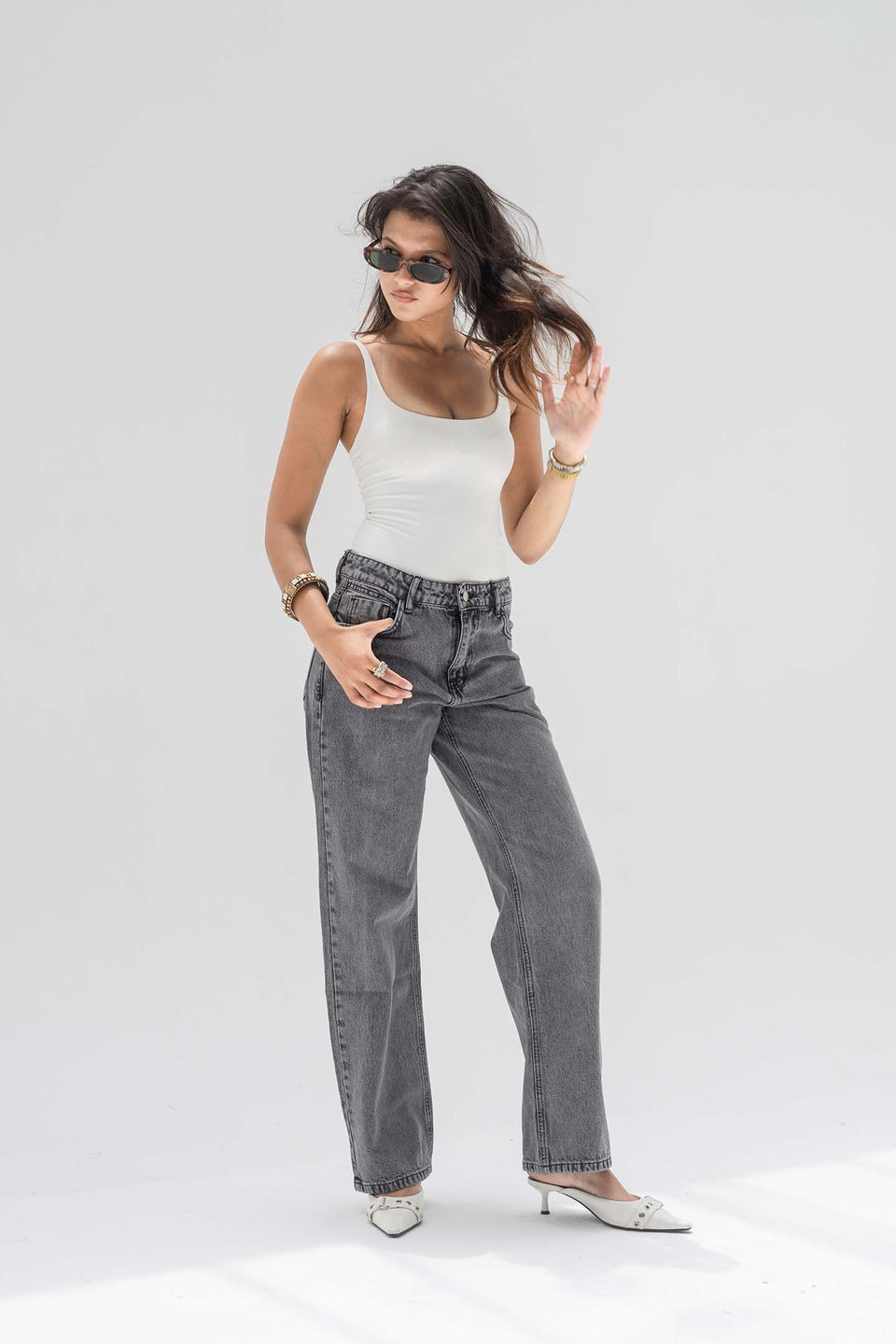Grey Mid-Rise Wide-Leg Jeans