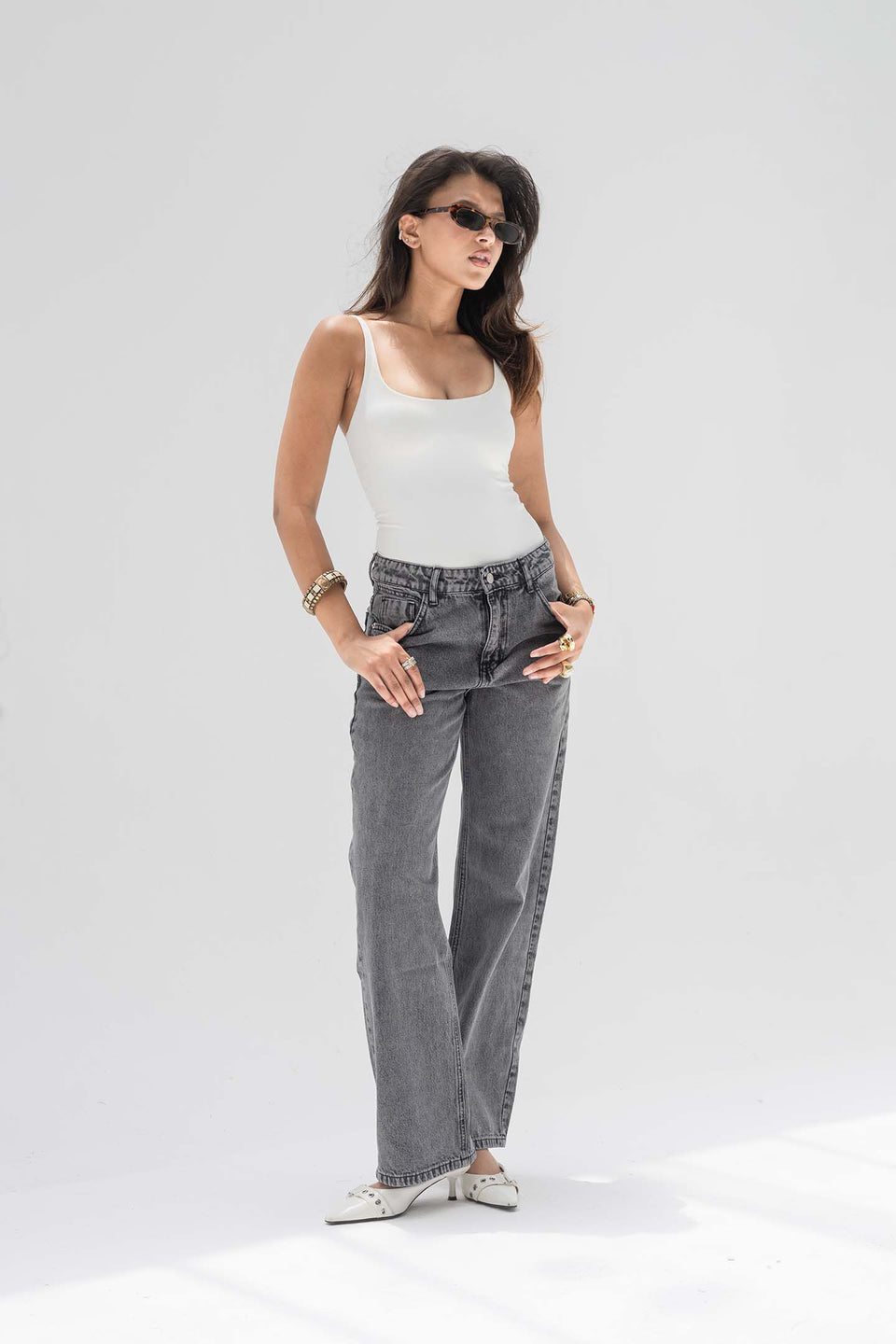 Grey Mid-Rise Wide-Leg Jeans