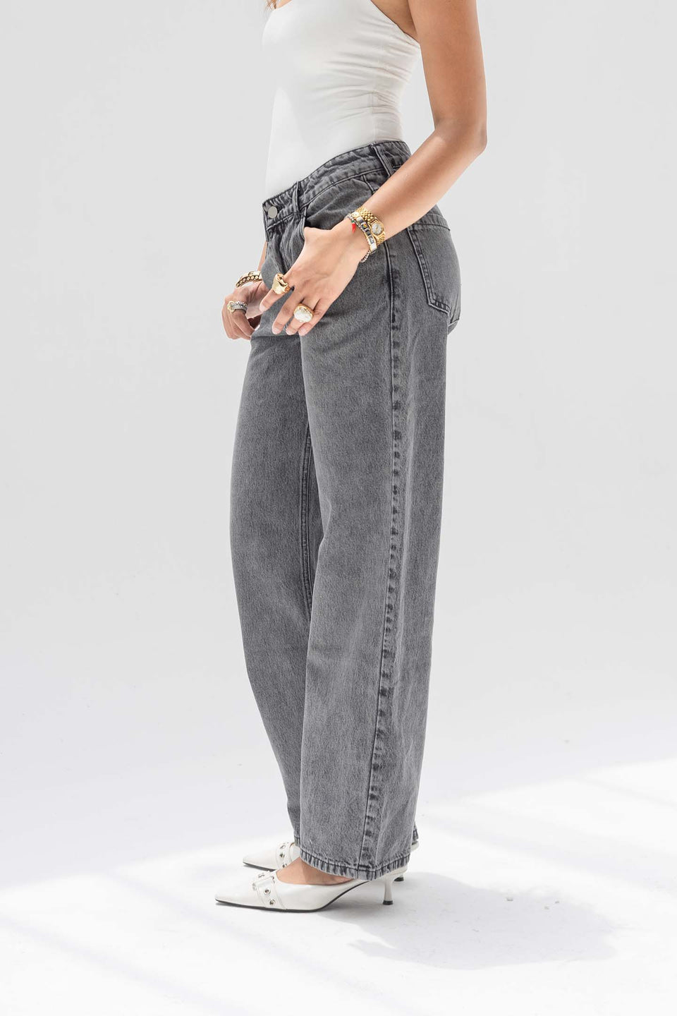 Grey Mid-Rise Wide-Leg Jeans