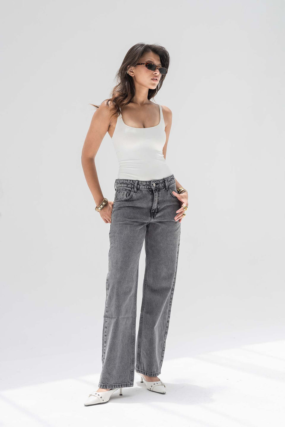 Grey Mid-Rise Wide-Leg Jeans
