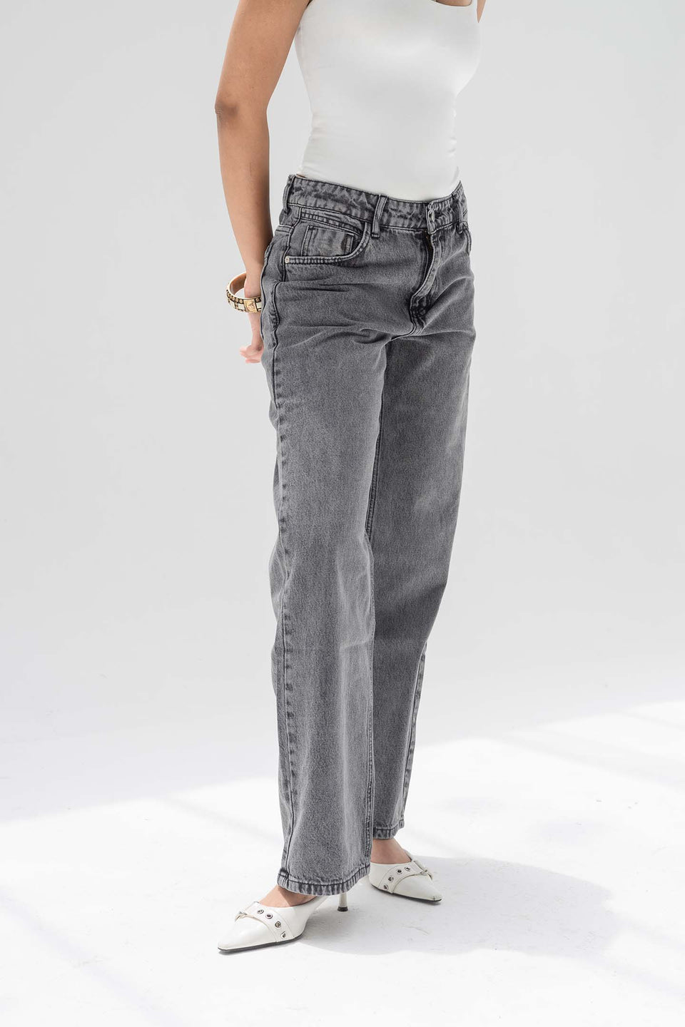 Grey Mid-Rise Wide-Leg Jeans