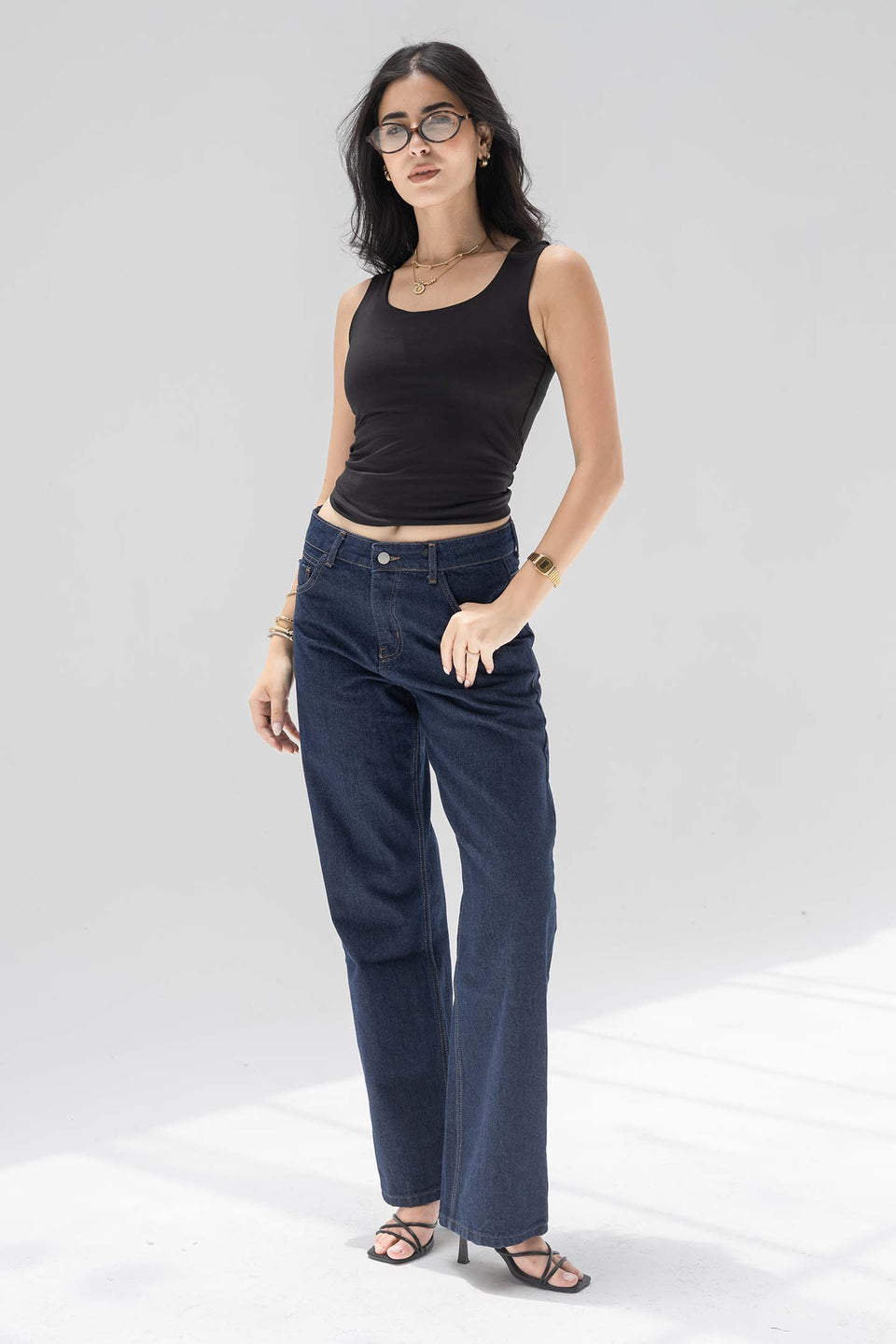 Navy Mid-Rise Wide-Leg Jeans