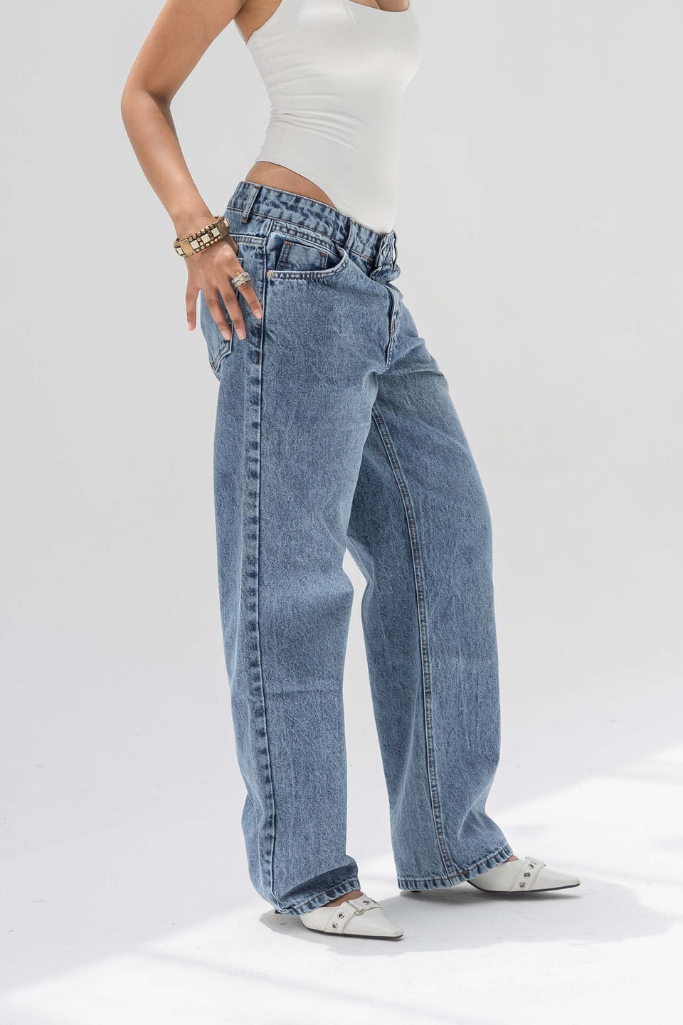 Stone Blue Mid-Rise Wide-Leg Jeans