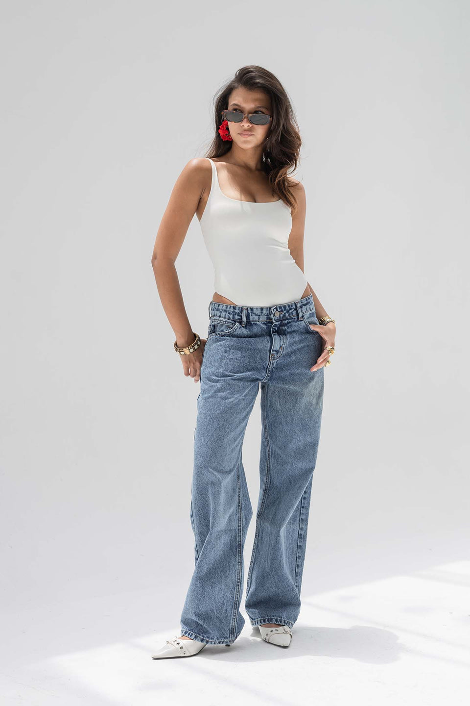 Stone Blue Mid-Rise Wide-Leg Jeans