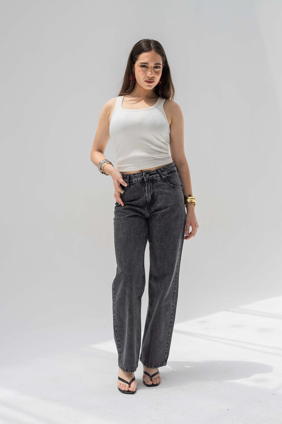 Dark Grey High-Rise Straight-Leg Jeans