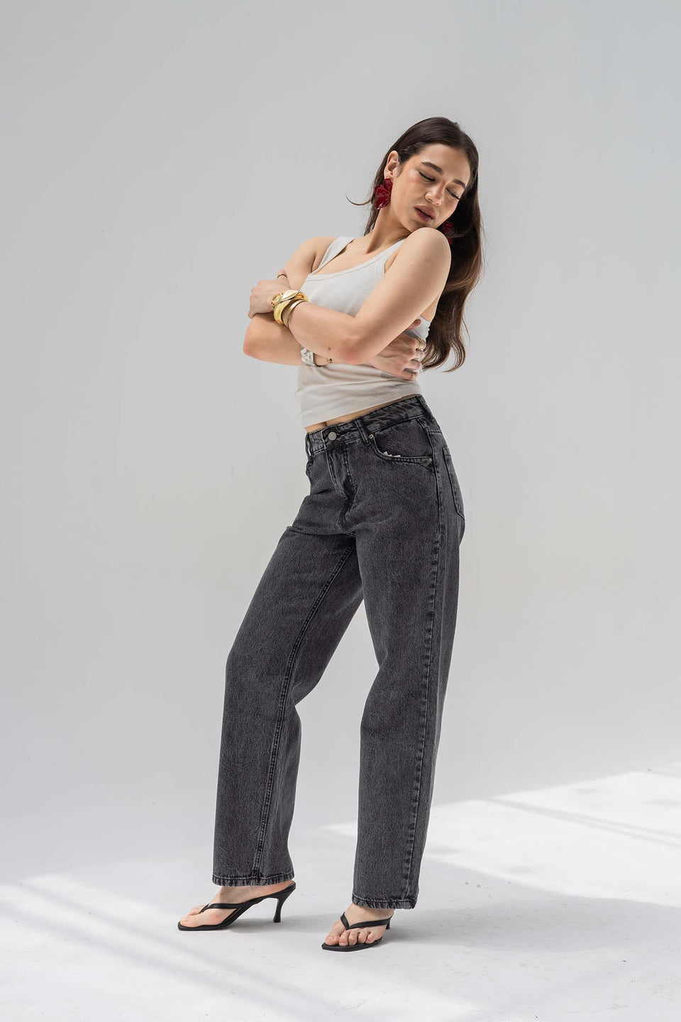 Dark Grey High-Rise Straight-Leg Jeans