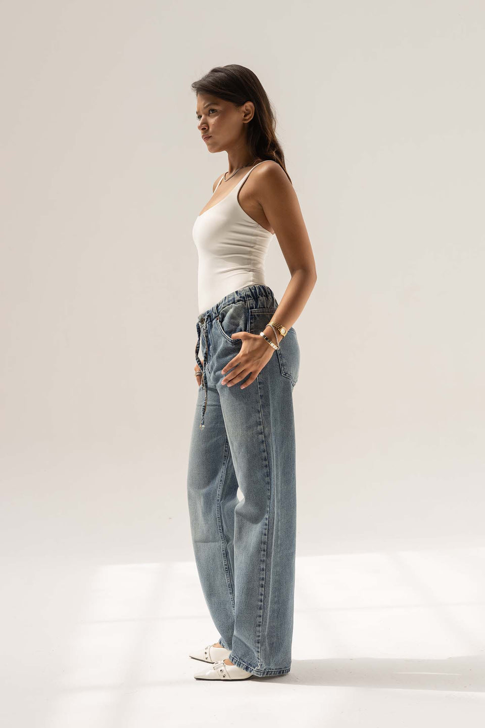 Blue High-Rise Paperbag Wide-Leg Jeans