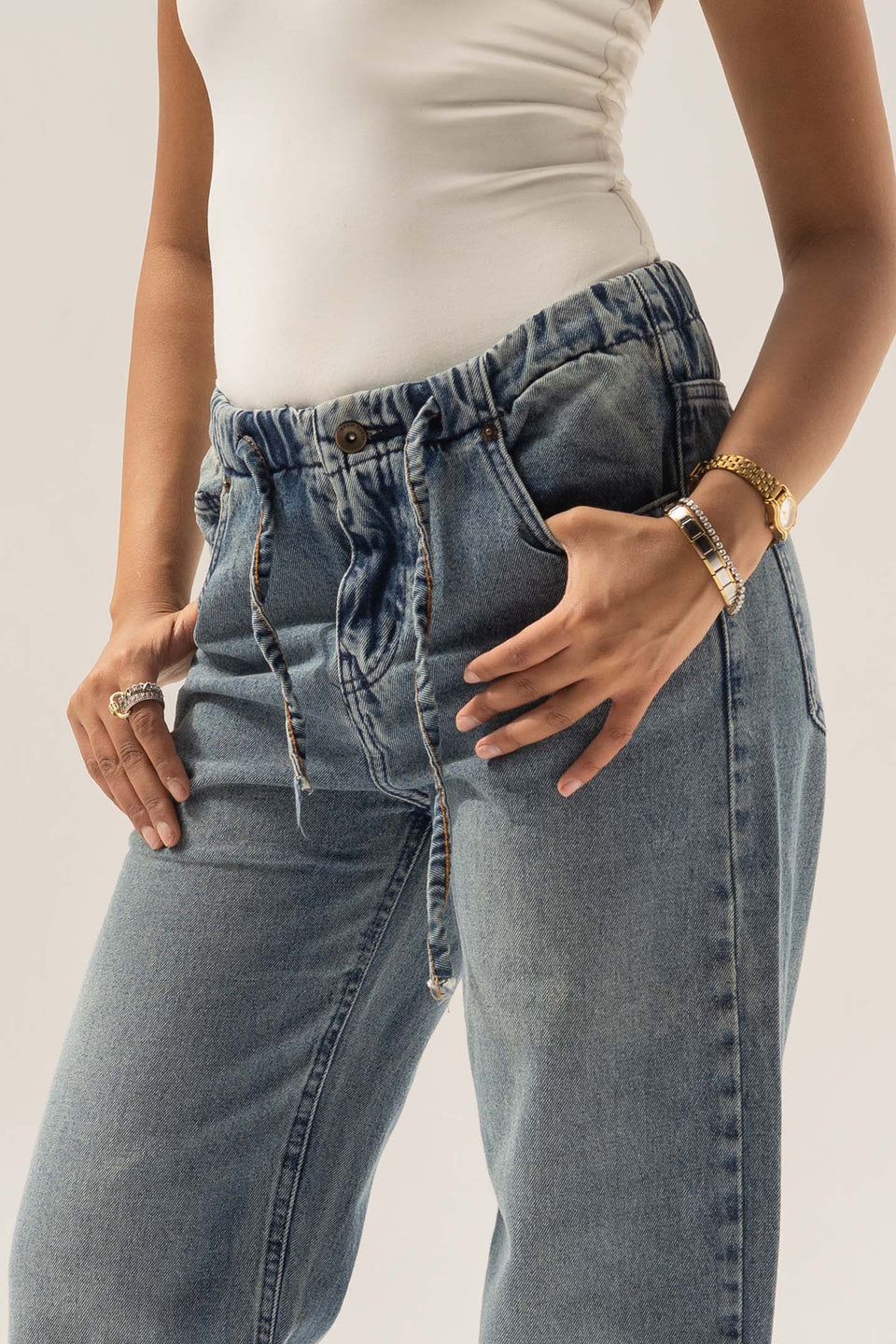 Blue High-Rise Paperbag Wide-Leg Jeans
