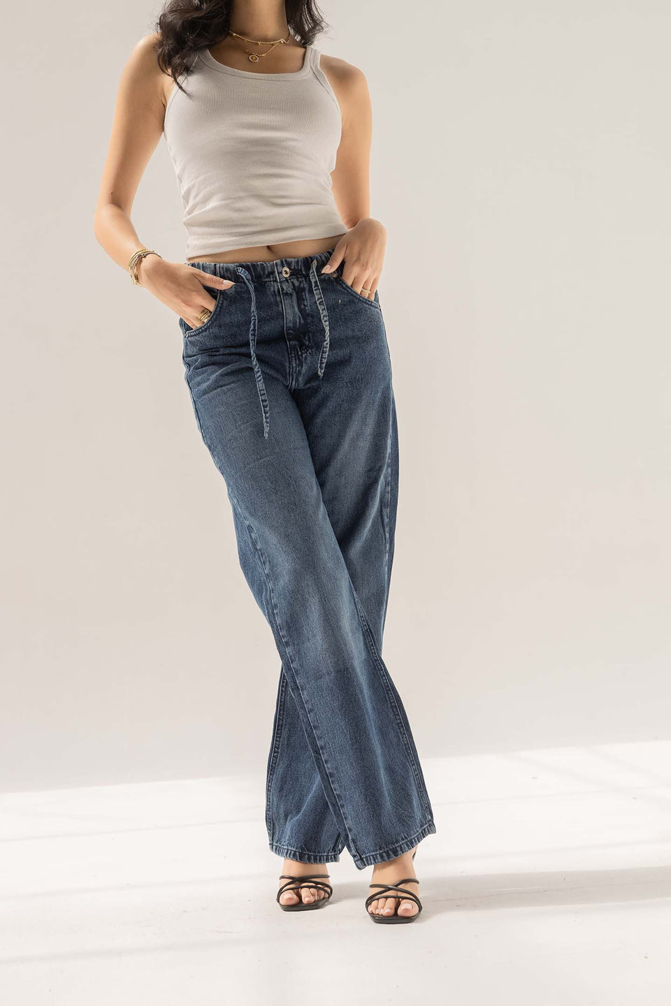 Deep Blue High-Rise Paperbag Wide-Leg Jeans