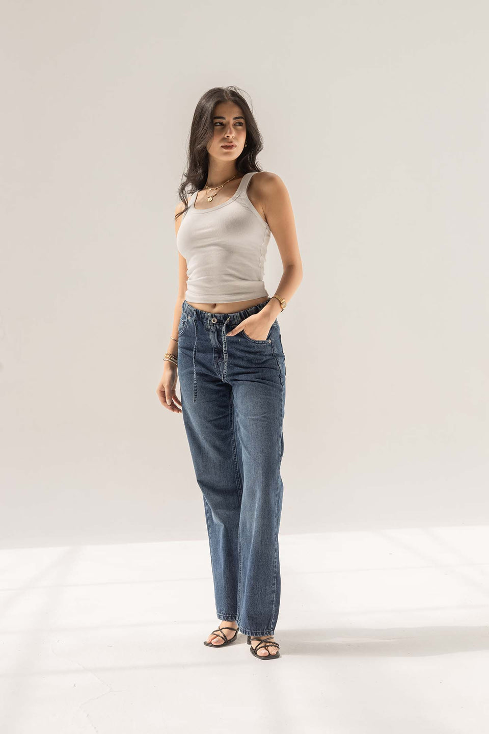 Deep Blue High-Rise Paperbag Wide-Leg Jeans