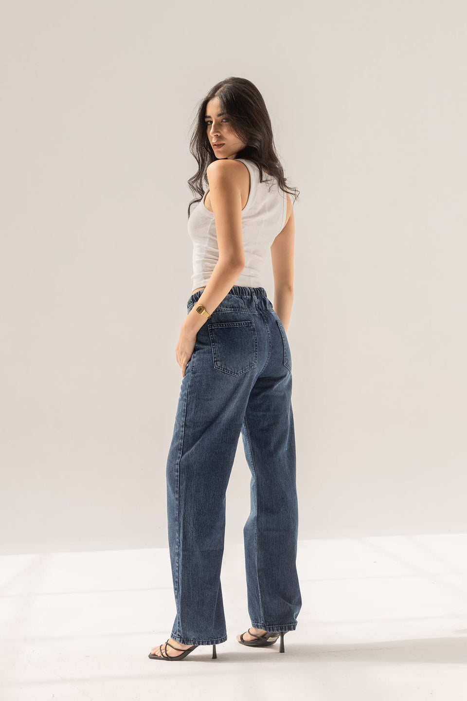 Deep Blue High-Rise Paperbag Wide-Leg Jeans