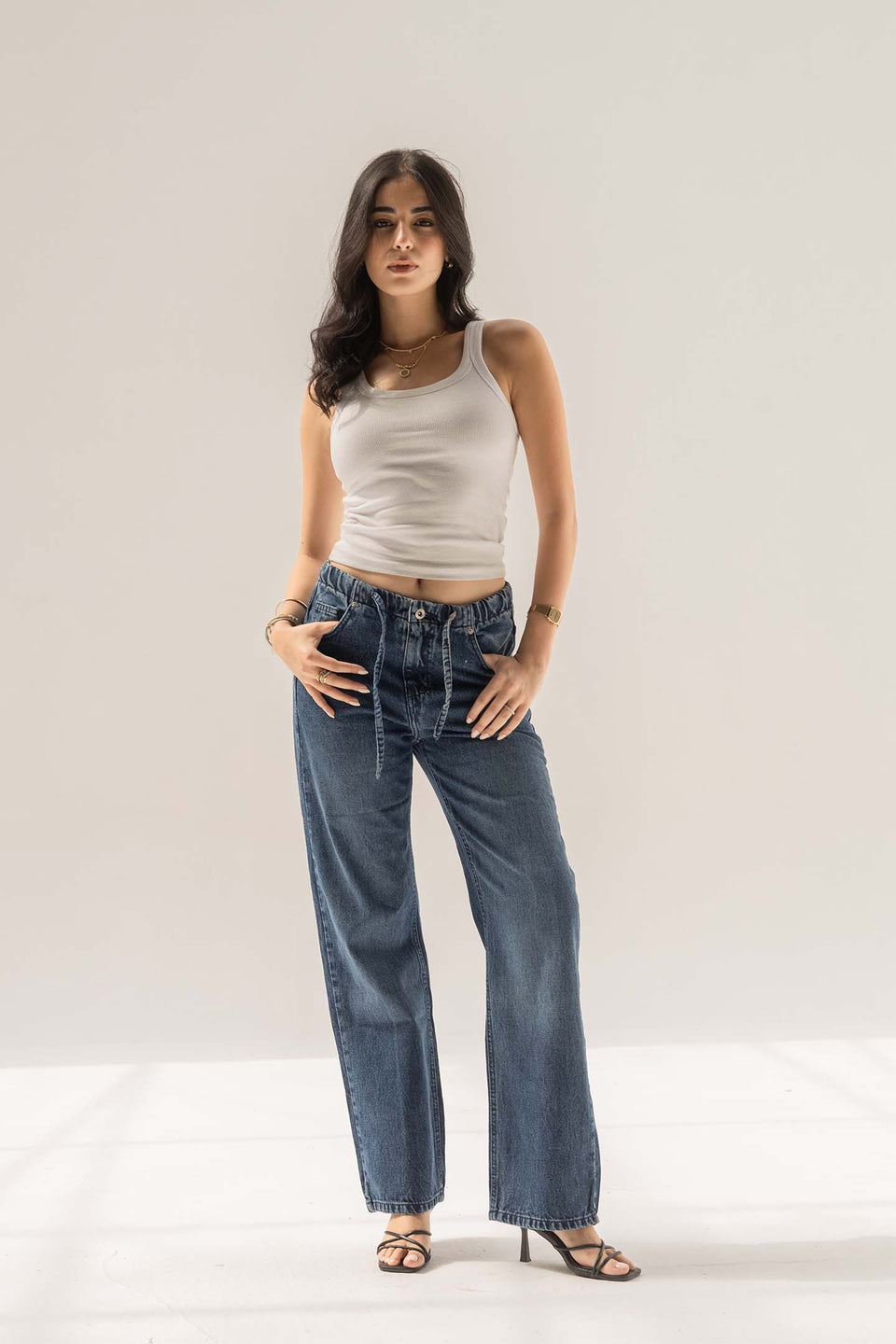 Deep Blue High-Rise Paperbag Wide-Leg Jeans
