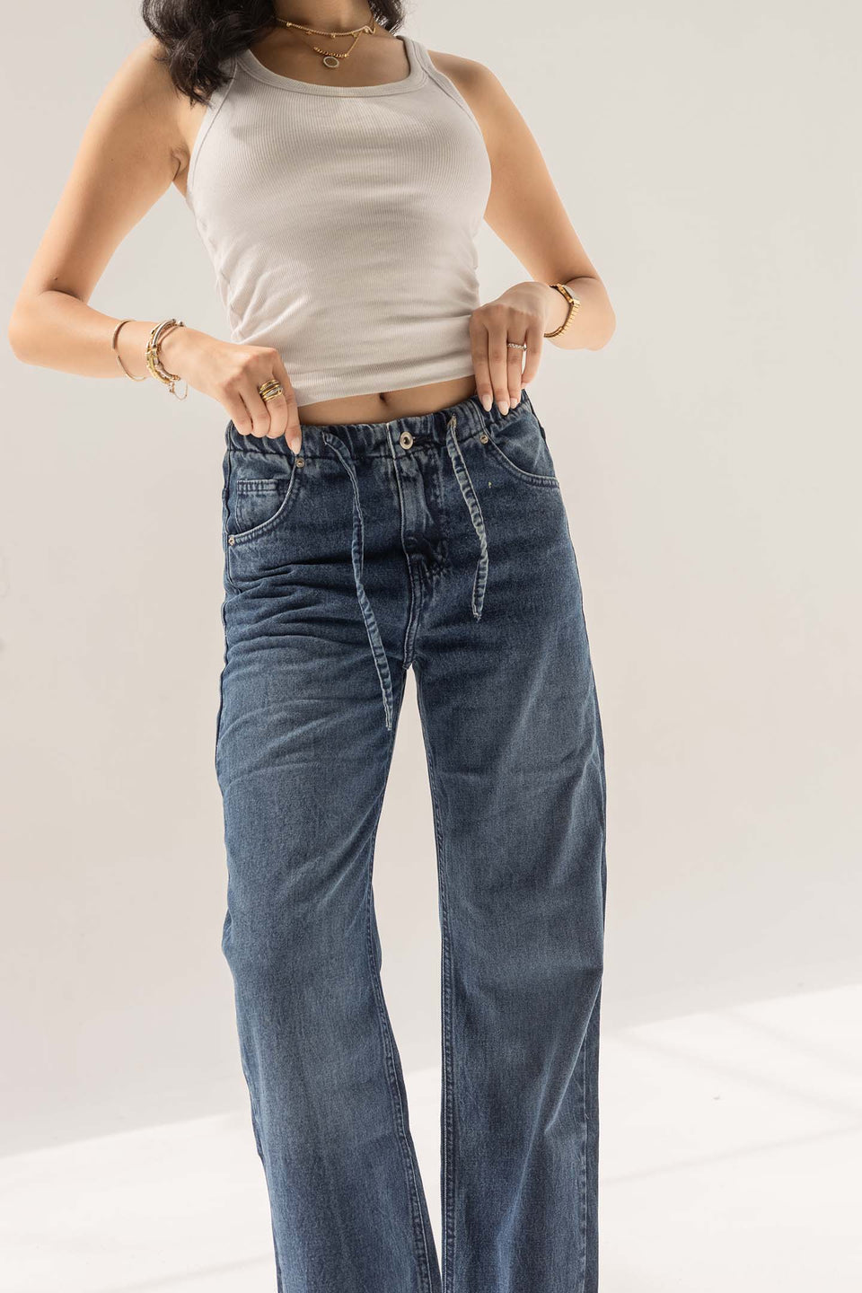 Deep Blue High-Rise Paperbag Wide-Leg Jeans