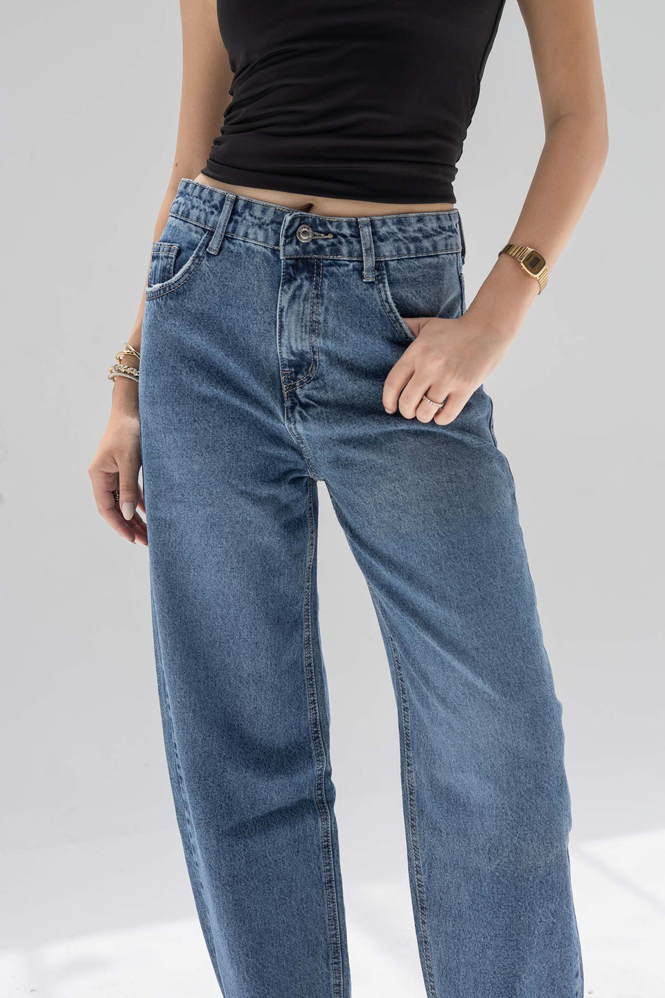 Blue Balloon-Fit High-Waisted Jeans