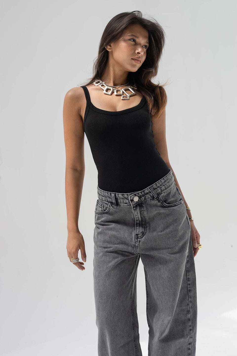Grey Balloon-Fit High-Waisted Jeans