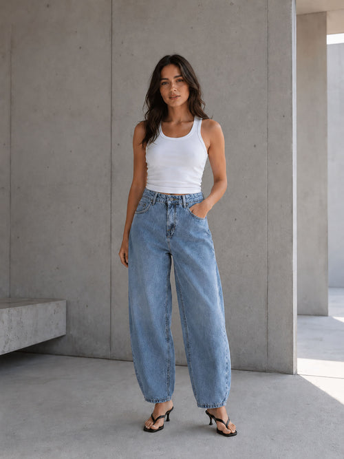 Blue Balloon-Fit High-Waisted Jeans