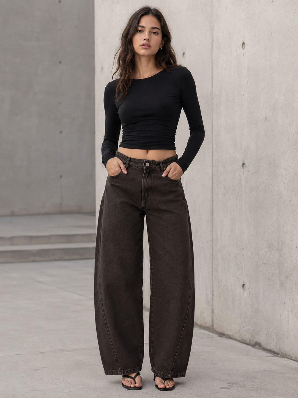 Brown Curved Seam Barrel Leg Jeans