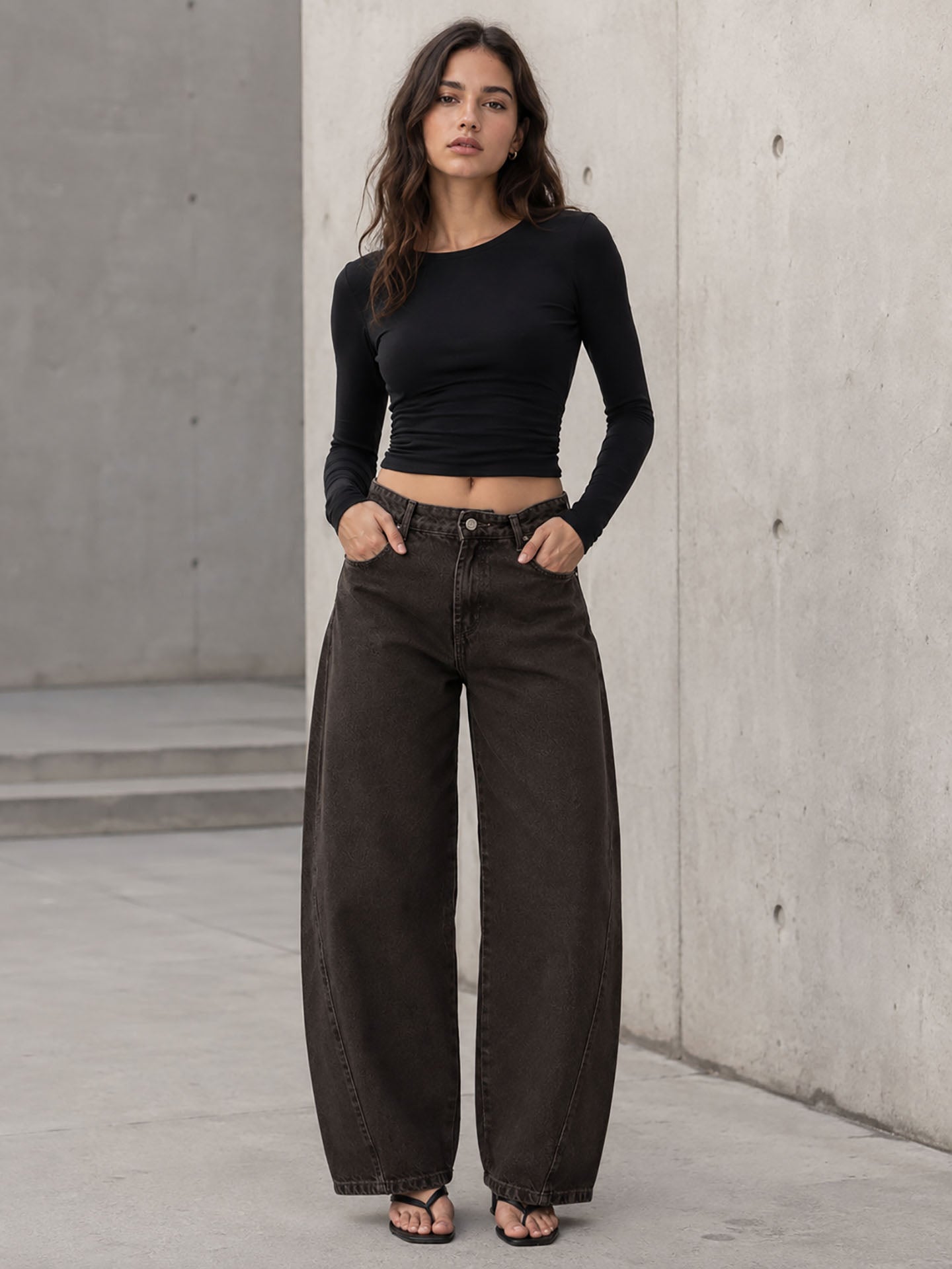 Brown Curved Seam Barrel Leg Jeans