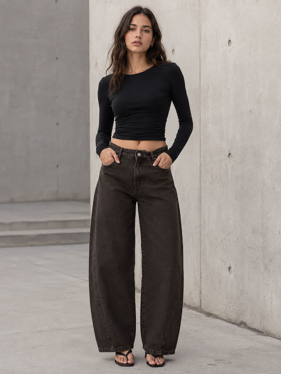 Brown Curved Seam Barrel Leg Jeans