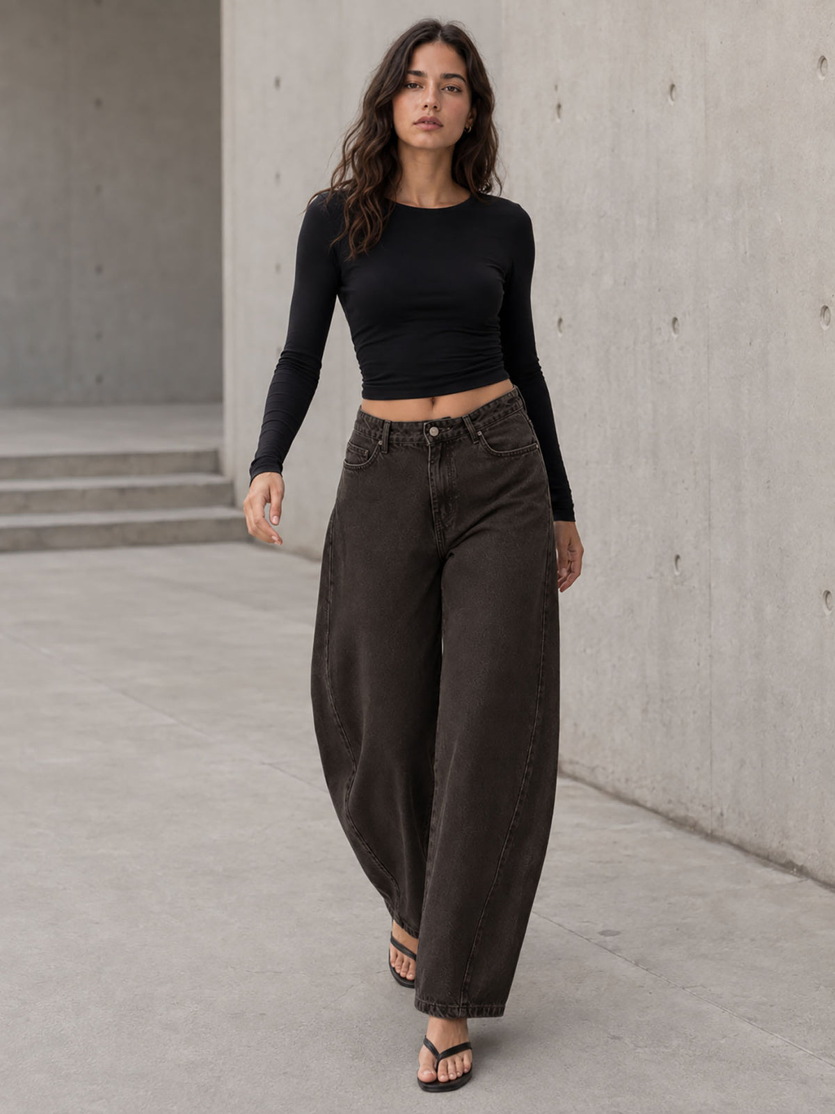 Brown Curved Seam Barrel Leg Jeans