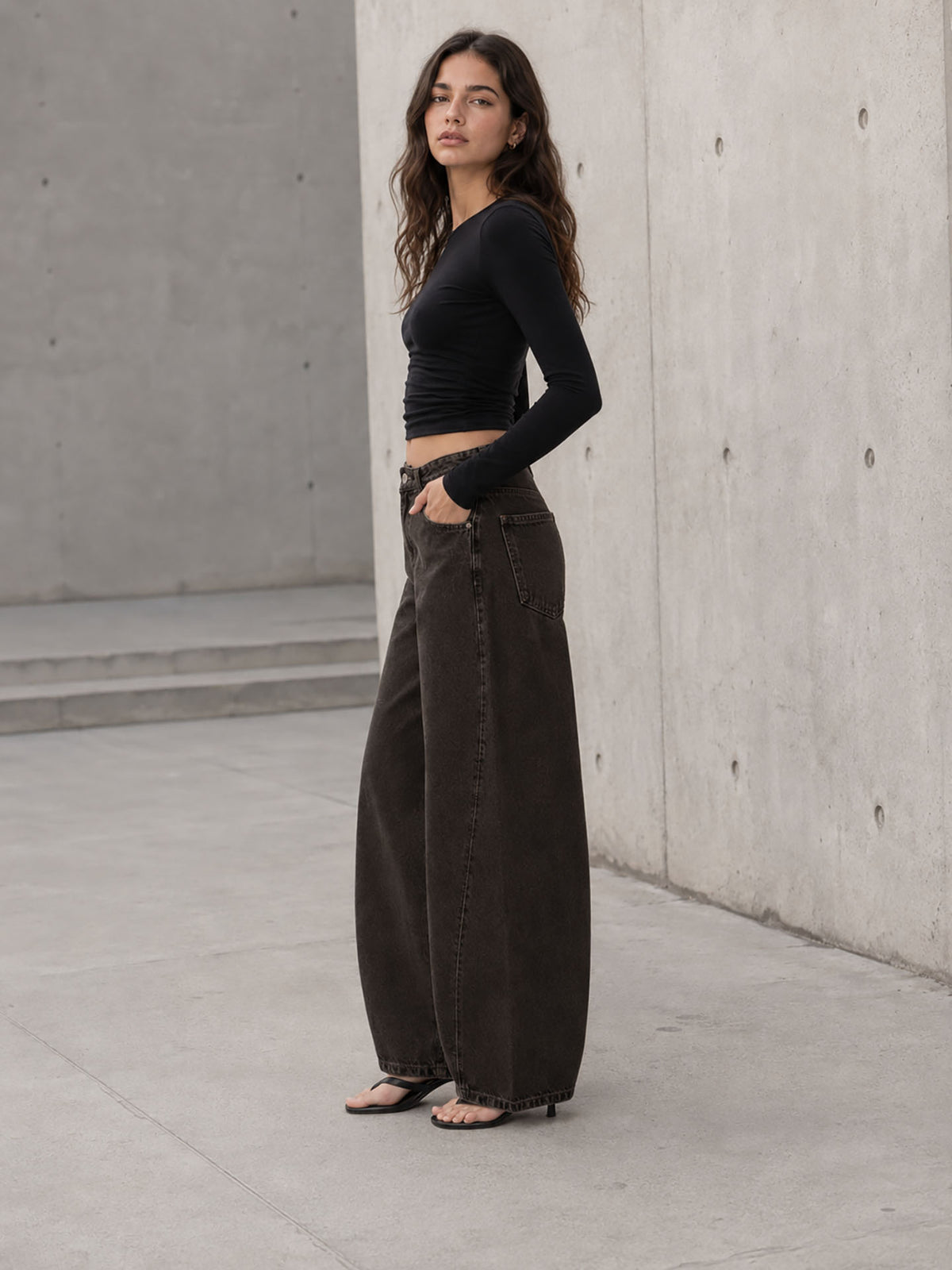 Brown Curved Seam Barrel Leg Jeans