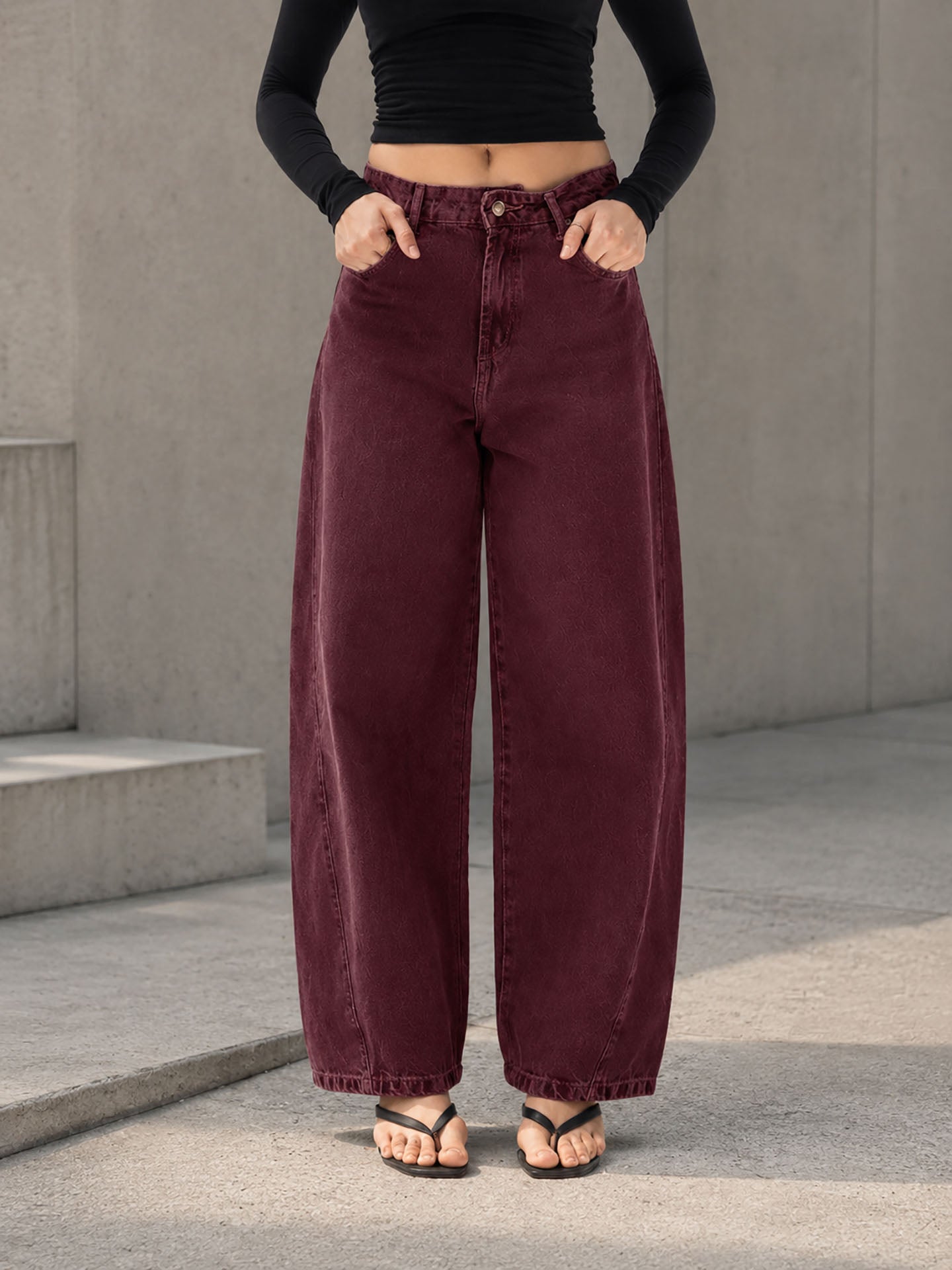 Burgundy Curved Seam Barrel Leg Jeans