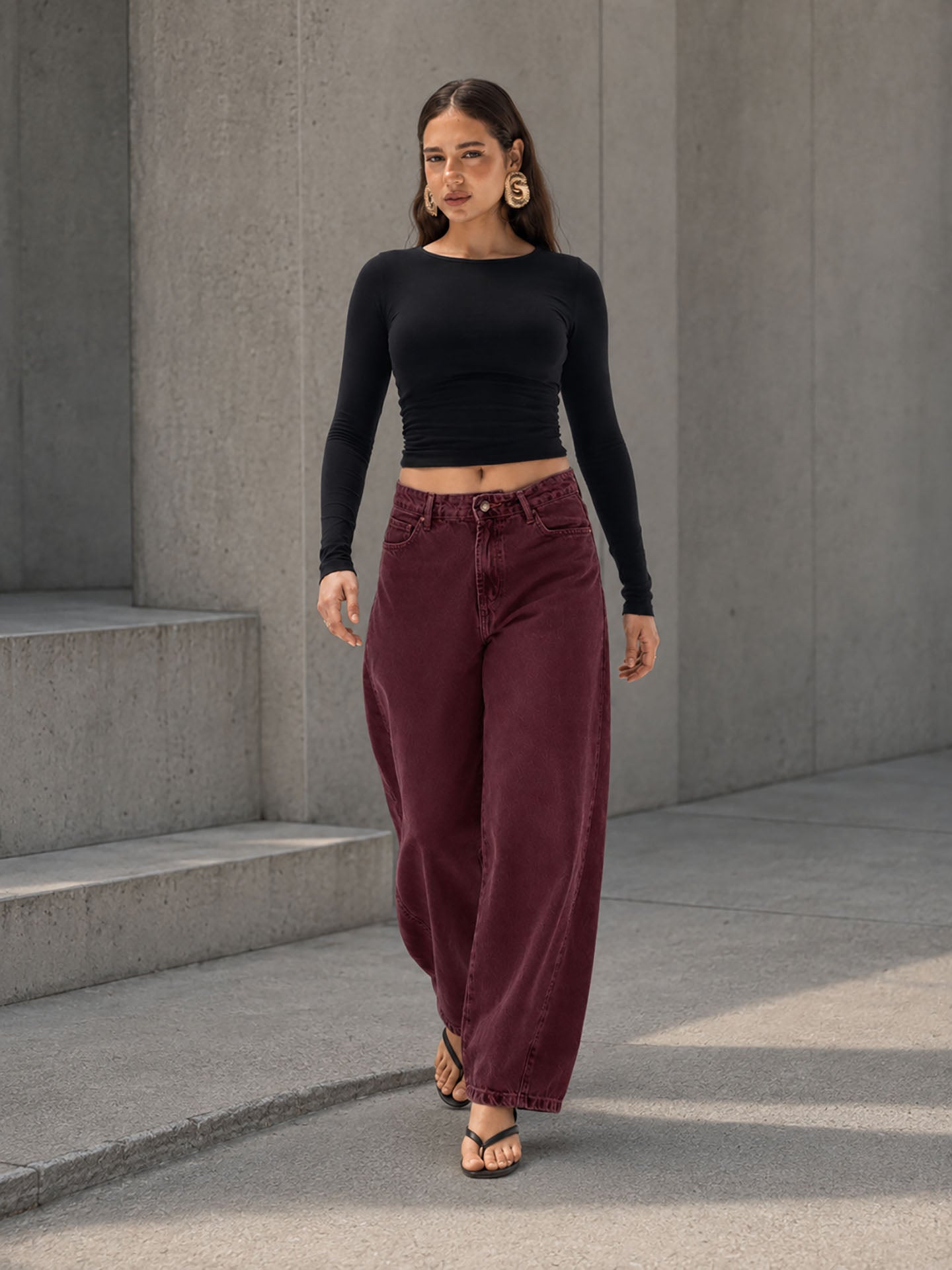 Burgundy Curved Seam Barrel Leg Jeans