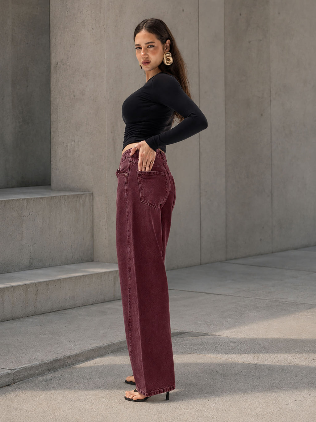 Burgundy Curved Seam Barrel Leg Jeans