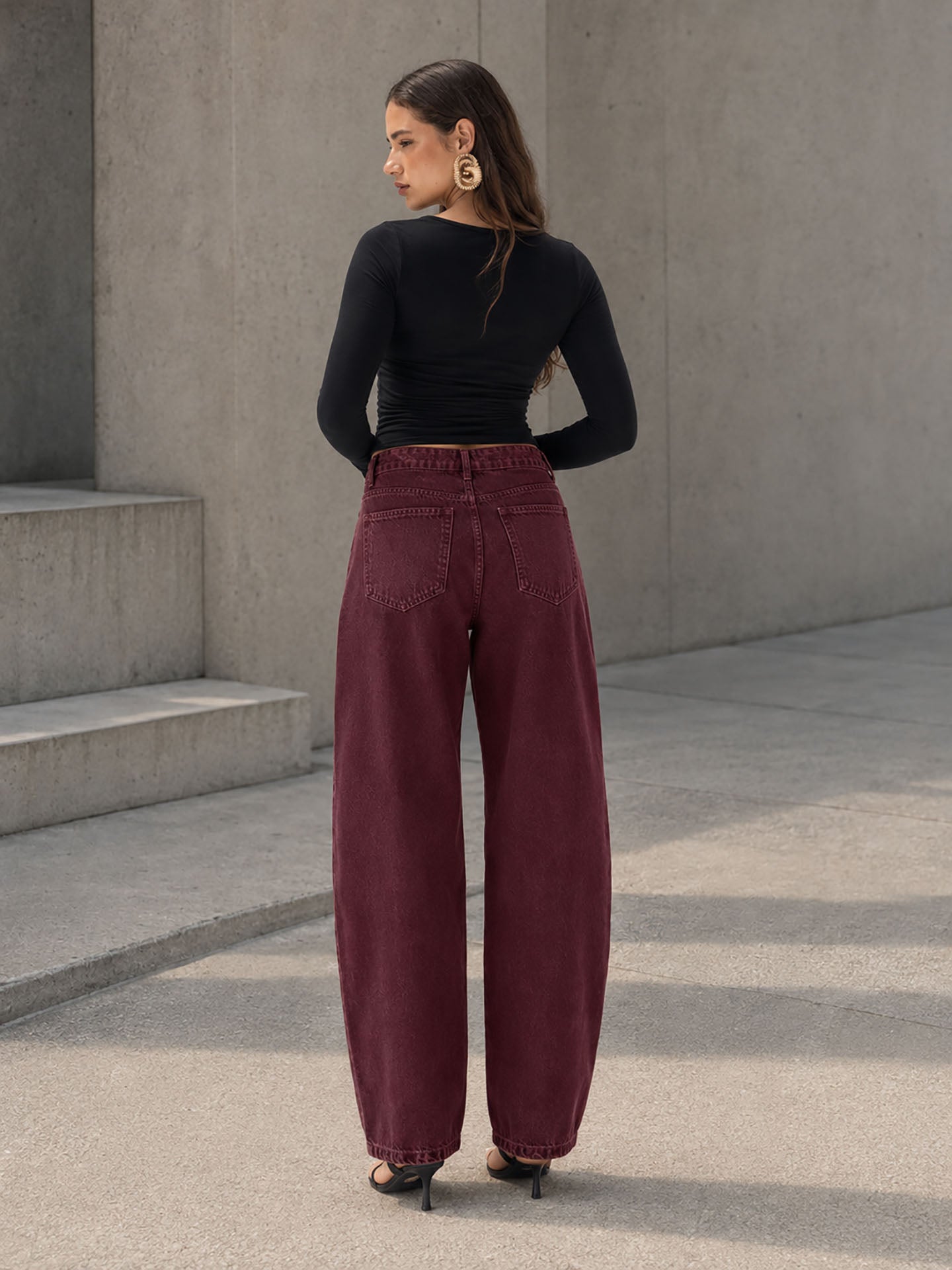 Burgundy Curved Seam Barrel Leg Jeans