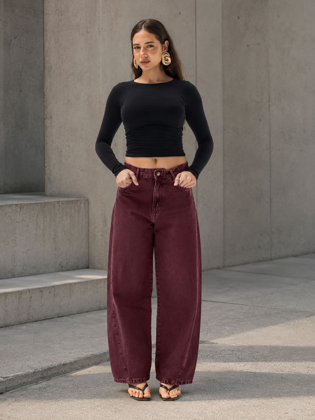 Burgundy Curved Seam Barrel Leg Jeans
