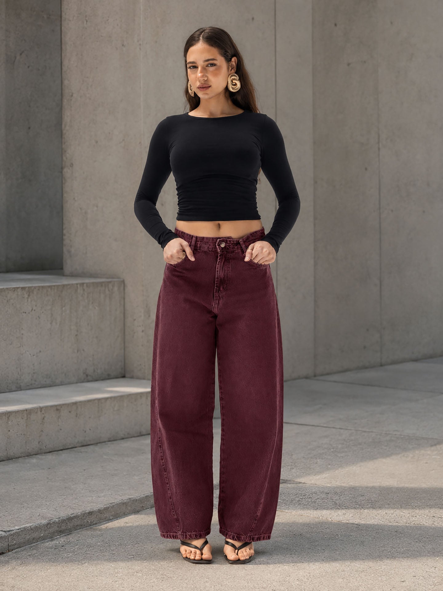 Burgundy Curved Seam Barrel Leg Jeans