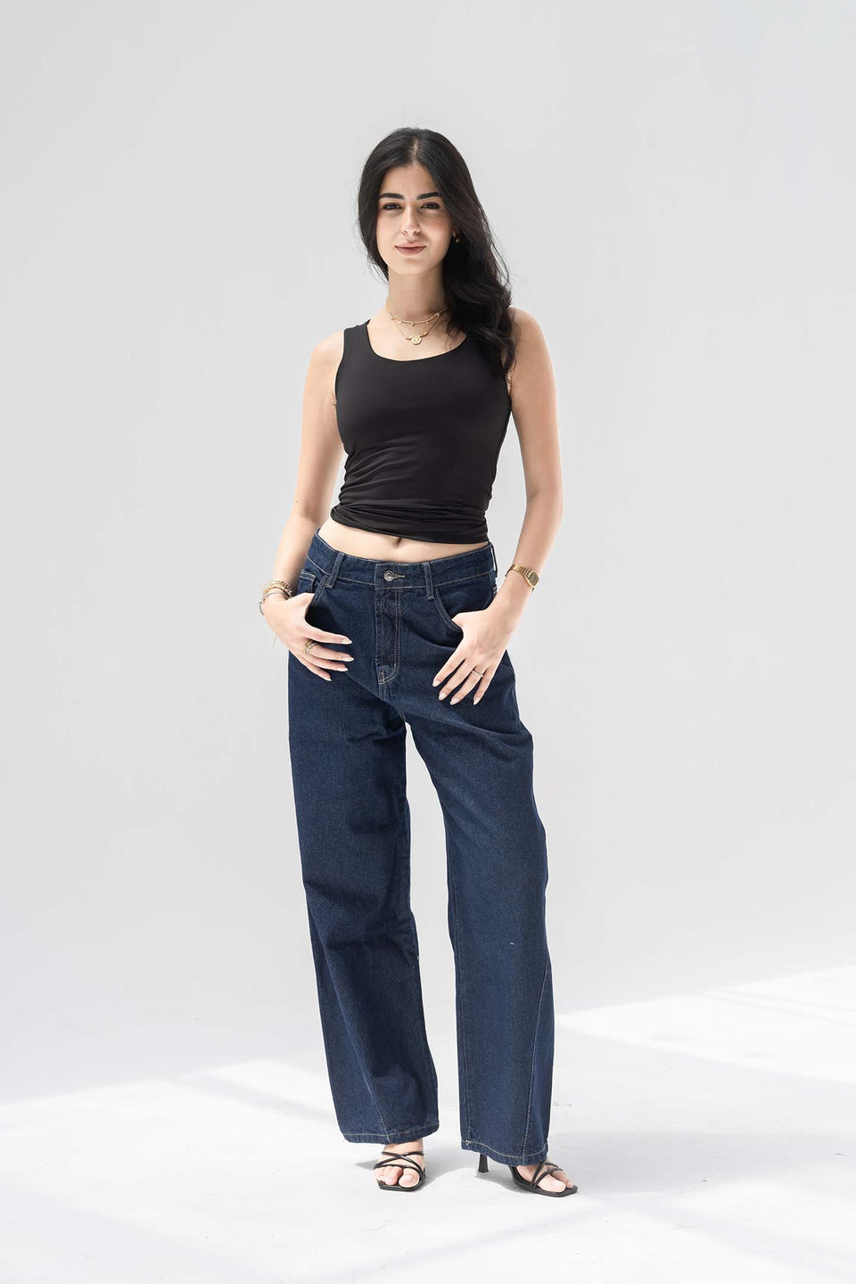 Navy High-Rise Balloon Wide Jeans