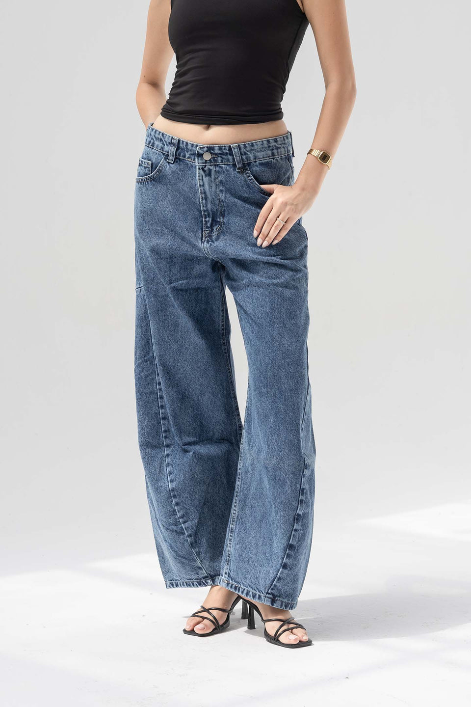 Deep Blue Balloon-Leg Low-Rise Seam Details Jeans