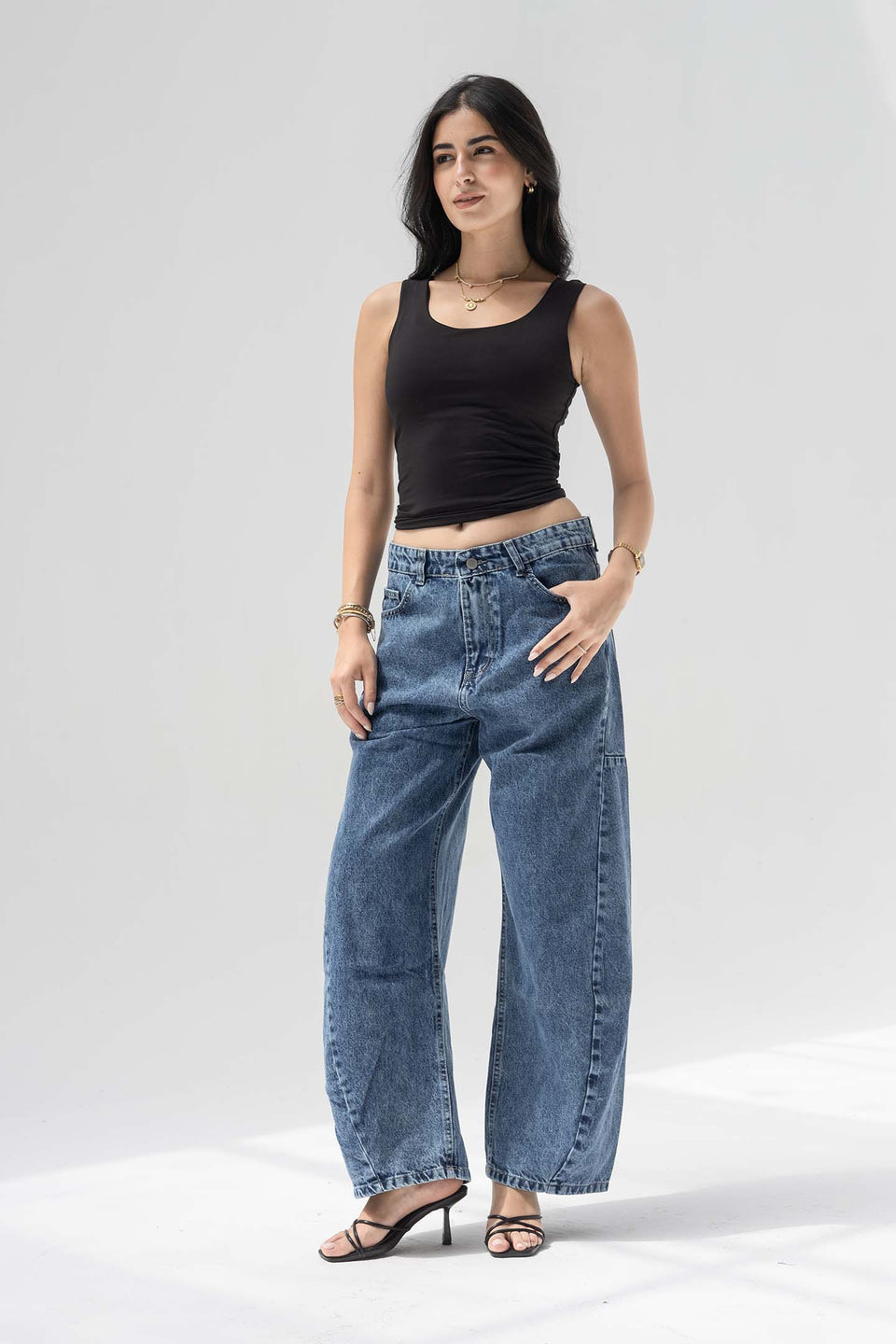 Deep Blue Balloon-Leg Low-Rise Seam Details Jeans