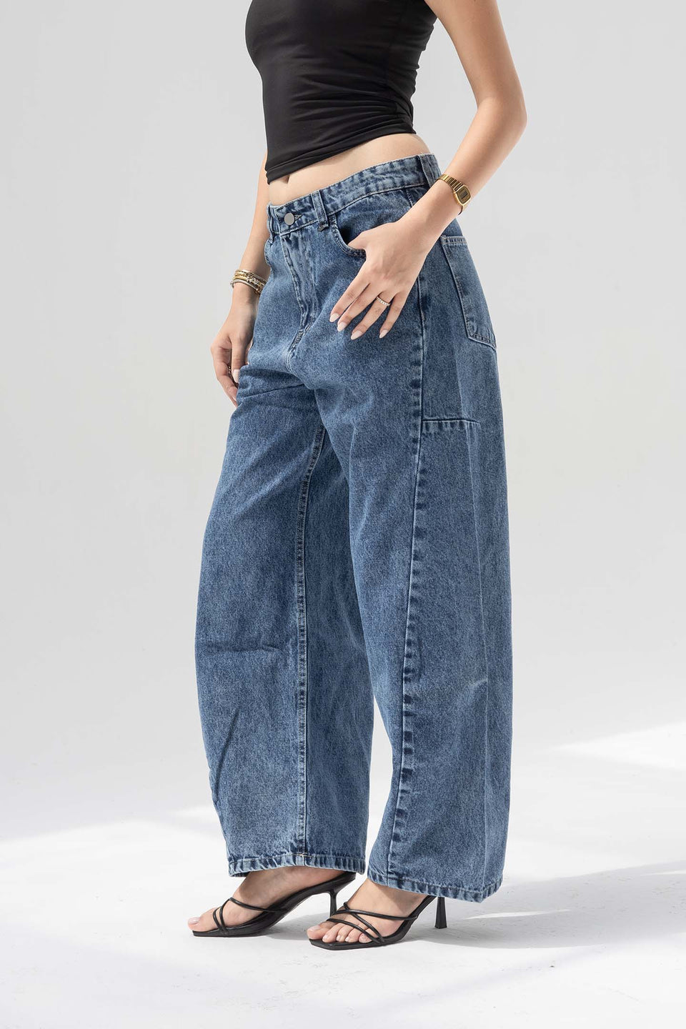 Deep Blue Balloon-Leg Low-Rise Seam Details Jeans