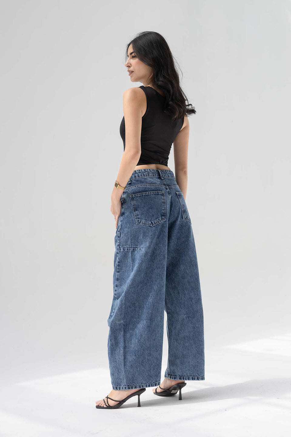 Deep Blue Balloon-Leg Low-Rise Seam Details Jeans