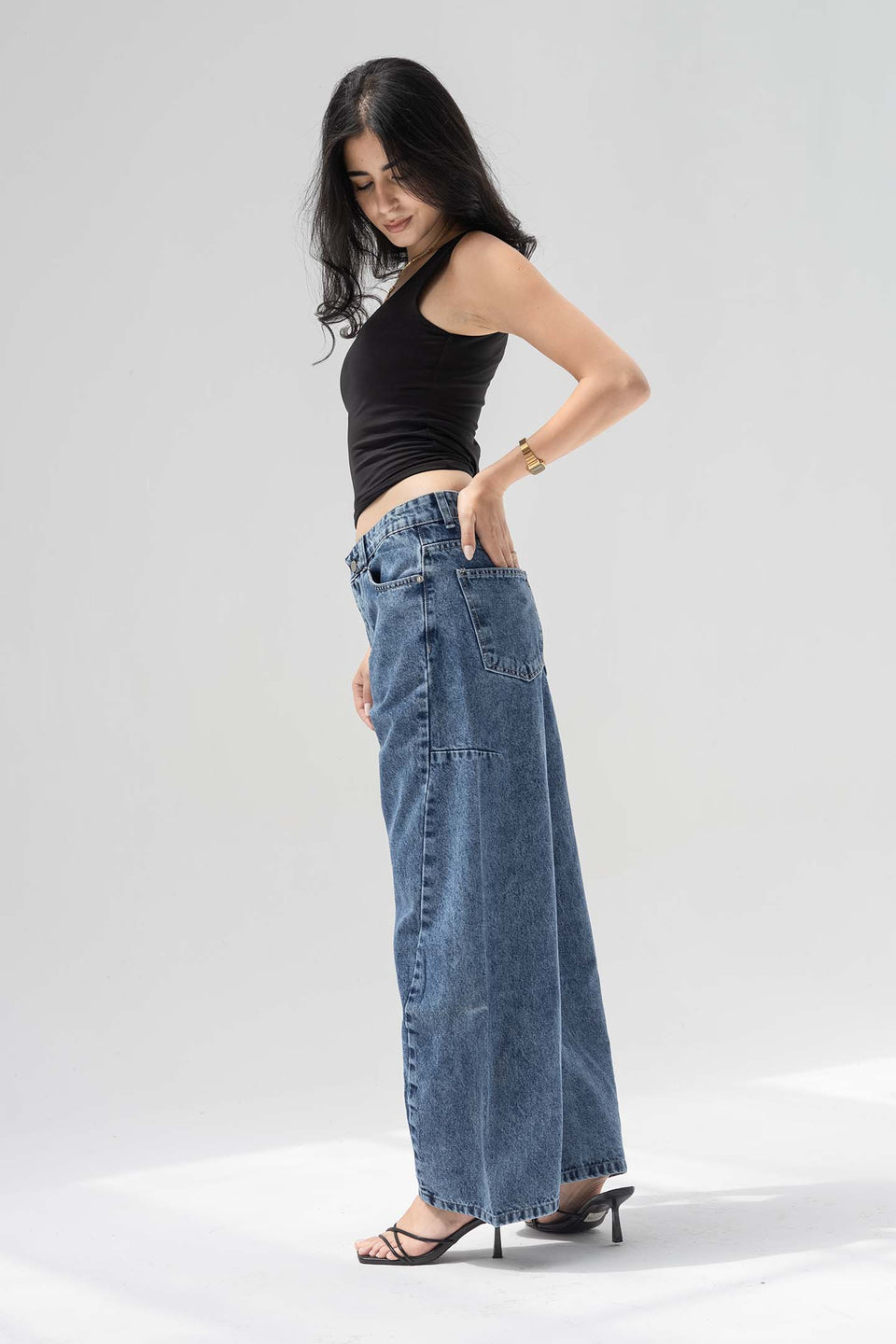 Deep Blue Balloon-Leg Low-Rise Seam Details Jeans