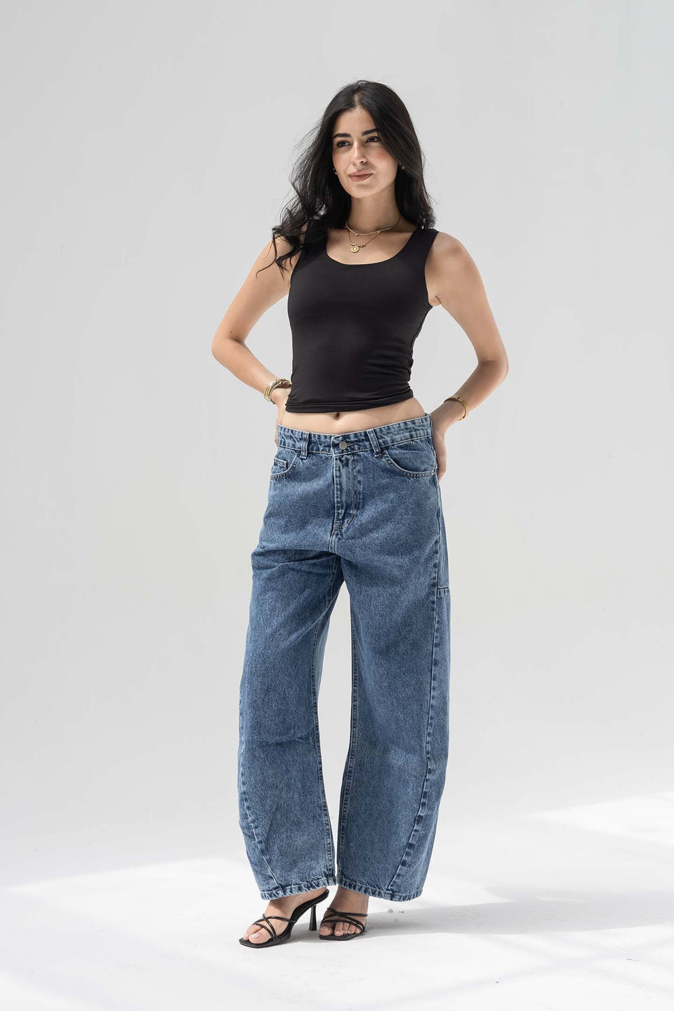 Deep Blue Balloon-Leg Low-Rise Seam Details Jeans
