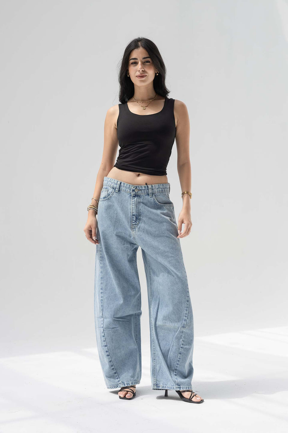 Light Blue Balloon-Leg Low-Rise Seam Details Jeans