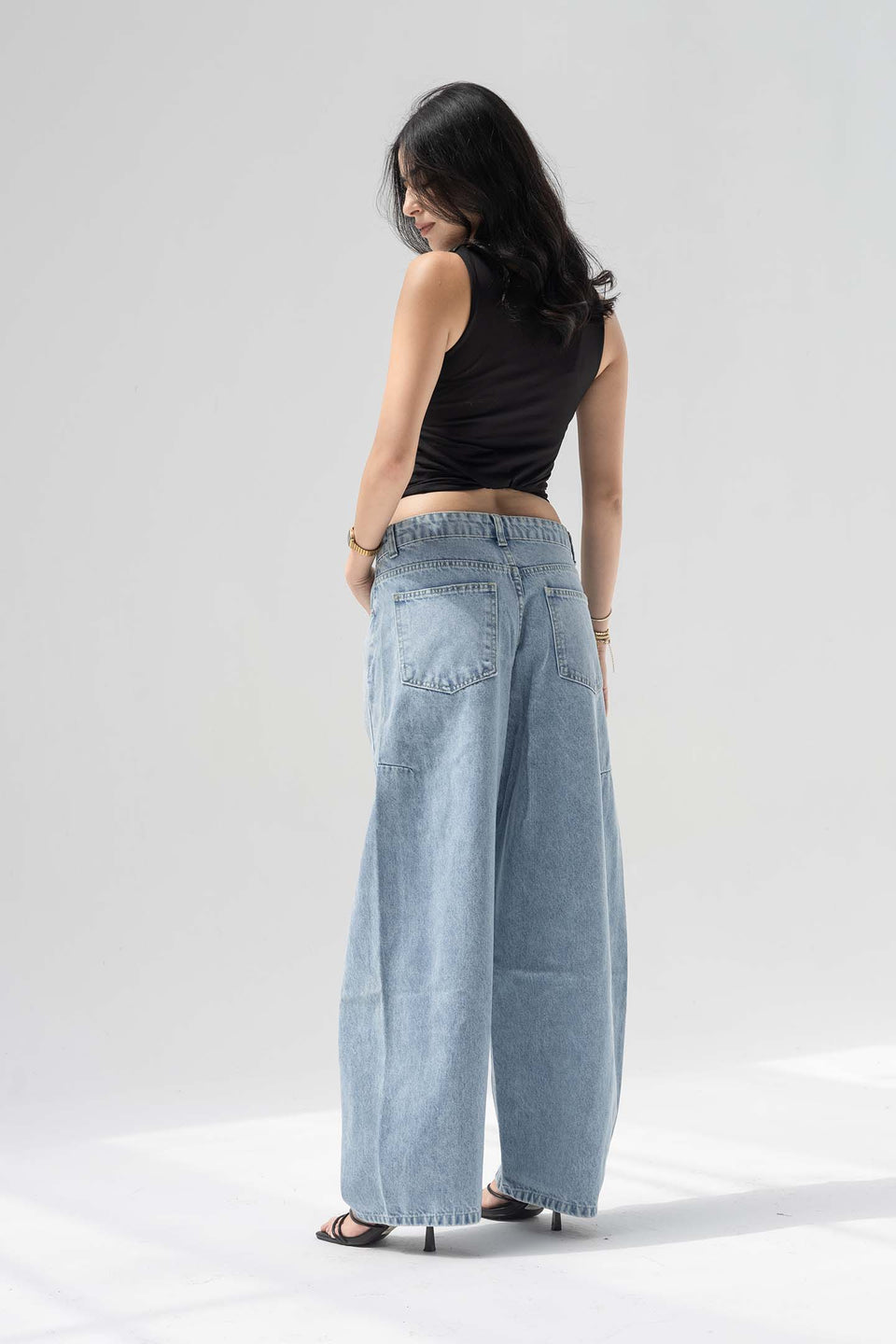 Light Blue Balloon-Leg Low-Rise Seam Details Jeans