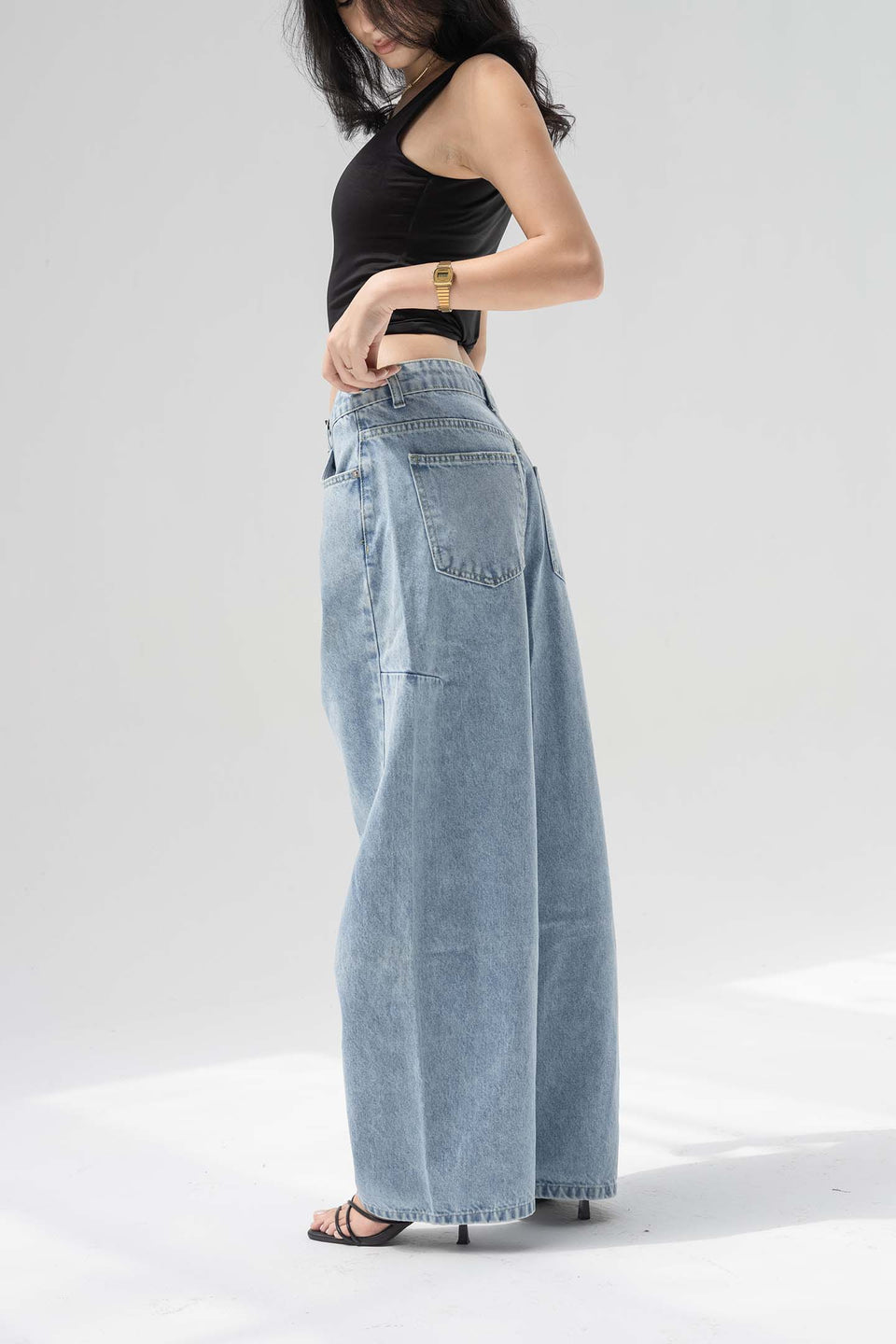 Light Blue Balloon-Leg Low-Rise Seam Details Jeans