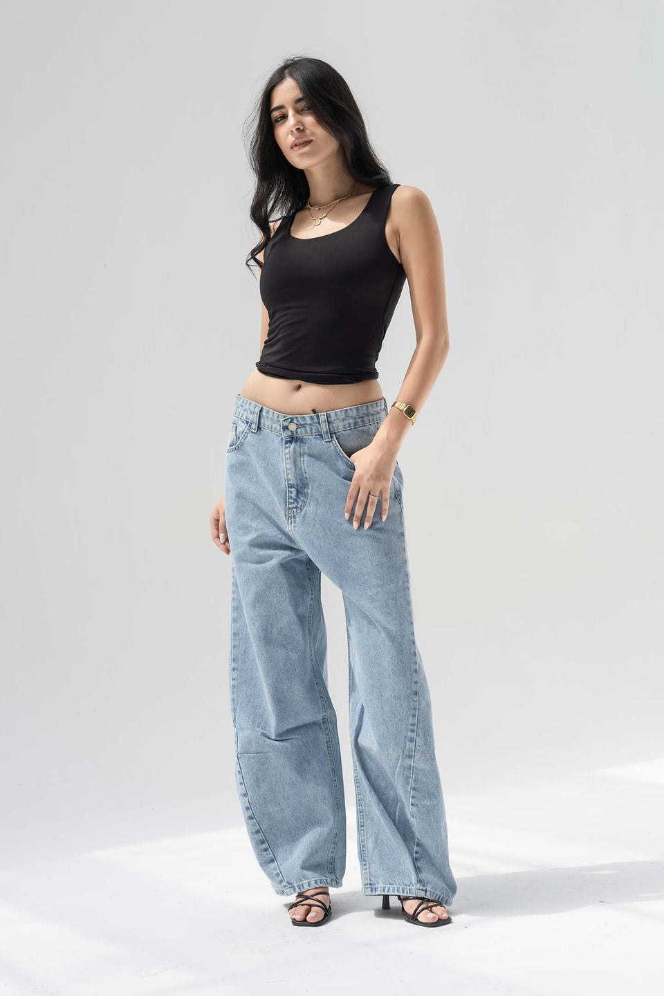 Light Blue Balloon-Leg Low-Rise Seam Details Jeans