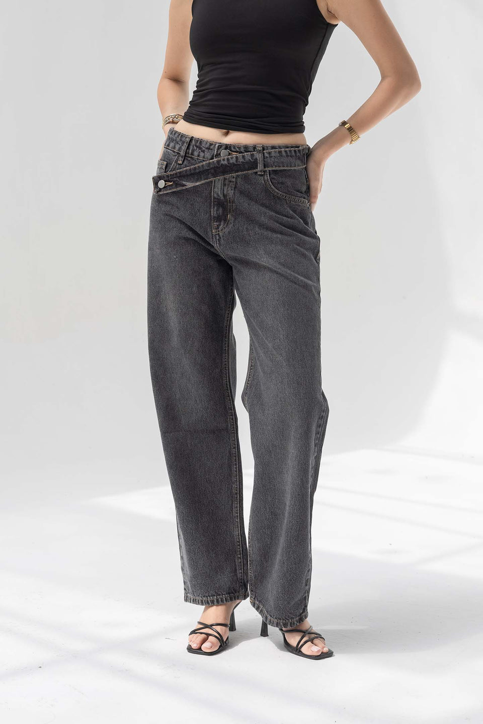 Dark Grey Criss-Cross Waistband Relaxed Jeans