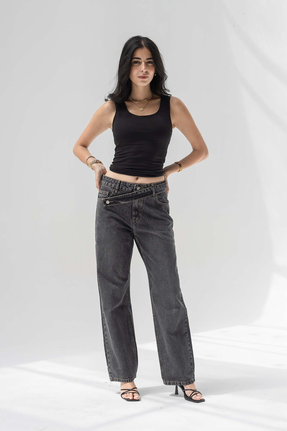 Dark Grey Criss-Cross Waistband Relaxed Jeans