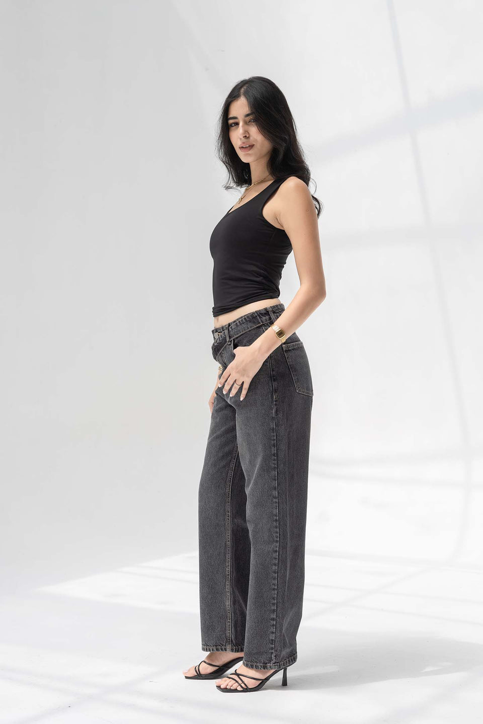 Dark Grey Criss-Cross Waistband Relaxed Jeans