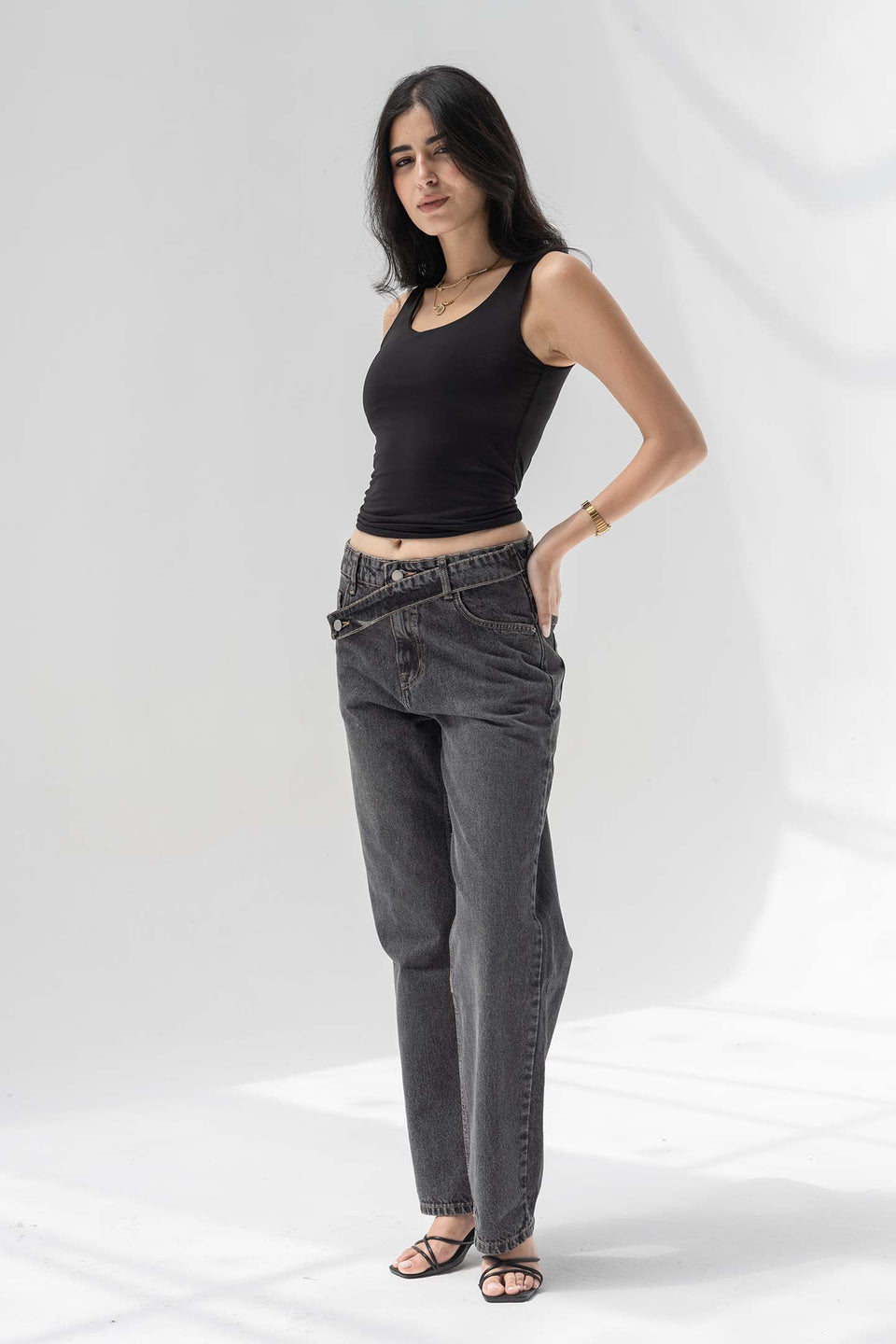 Dark Grey Criss-Cross Waistband Relaxed Jeans